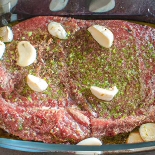 Steak marinating in a flavorful herb and garlic marinade