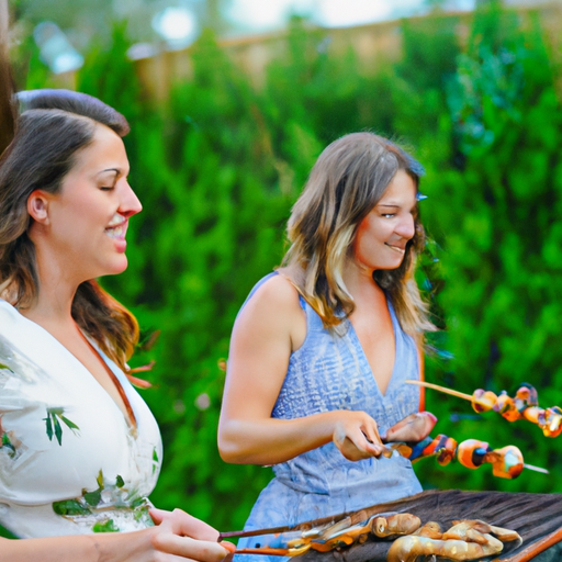 A summer BBQ party with friends and family enjoying grilled food