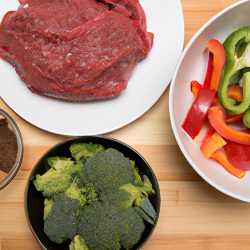 Fresh ingredients for making a savory steak stir fry, including flank steak, bell peppers, and broccoli