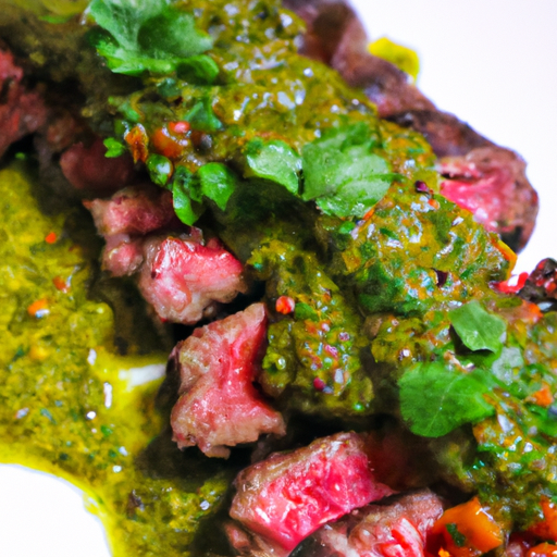 Colorful skirt steak topped with vibrant chimichurri sauce